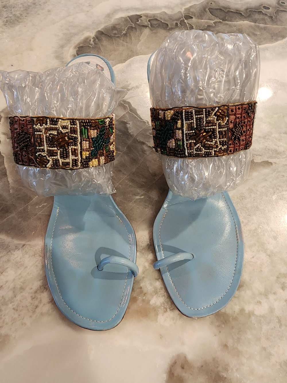 Manolo Blahnik Blue Beaded Strap Toe-Loop Sandals - Picture 13 of 13